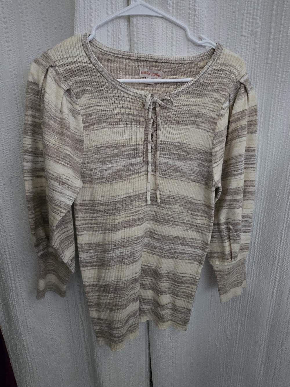 Womens M Knox Rose Cream and Taupe Striped Lace-Up Ribbed Top